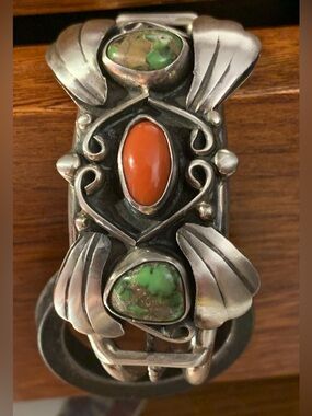 Vintage Unisex Sterling Navajo Turquoise & Shadowbox Coral Cuff 40.21 grams